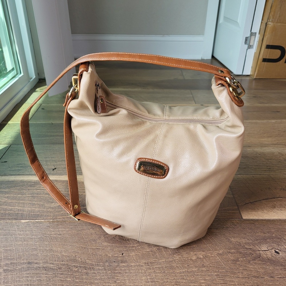 Capezio Vintage Beige Faux Leather Hobo Shoulder Bag Cognac Trim Gold Hardware